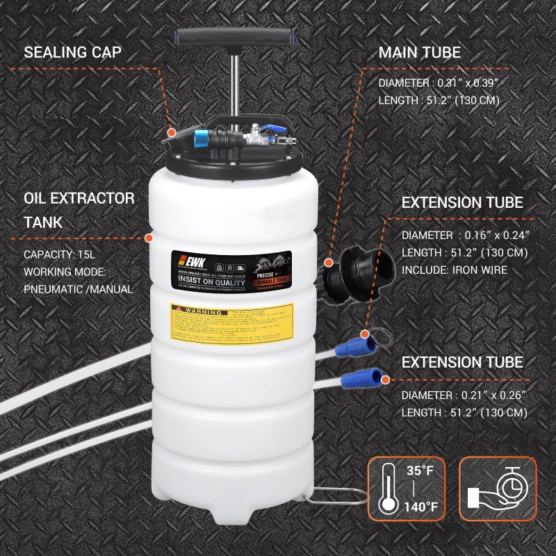 EWK 15L Pneumatic/Manual Oil Extractor Pump, Fluid Evacuator for Oil Change, Large Capacity Vacuum Evacuation Tool for Cars Trucks and Agricultural Machinery - Image 2